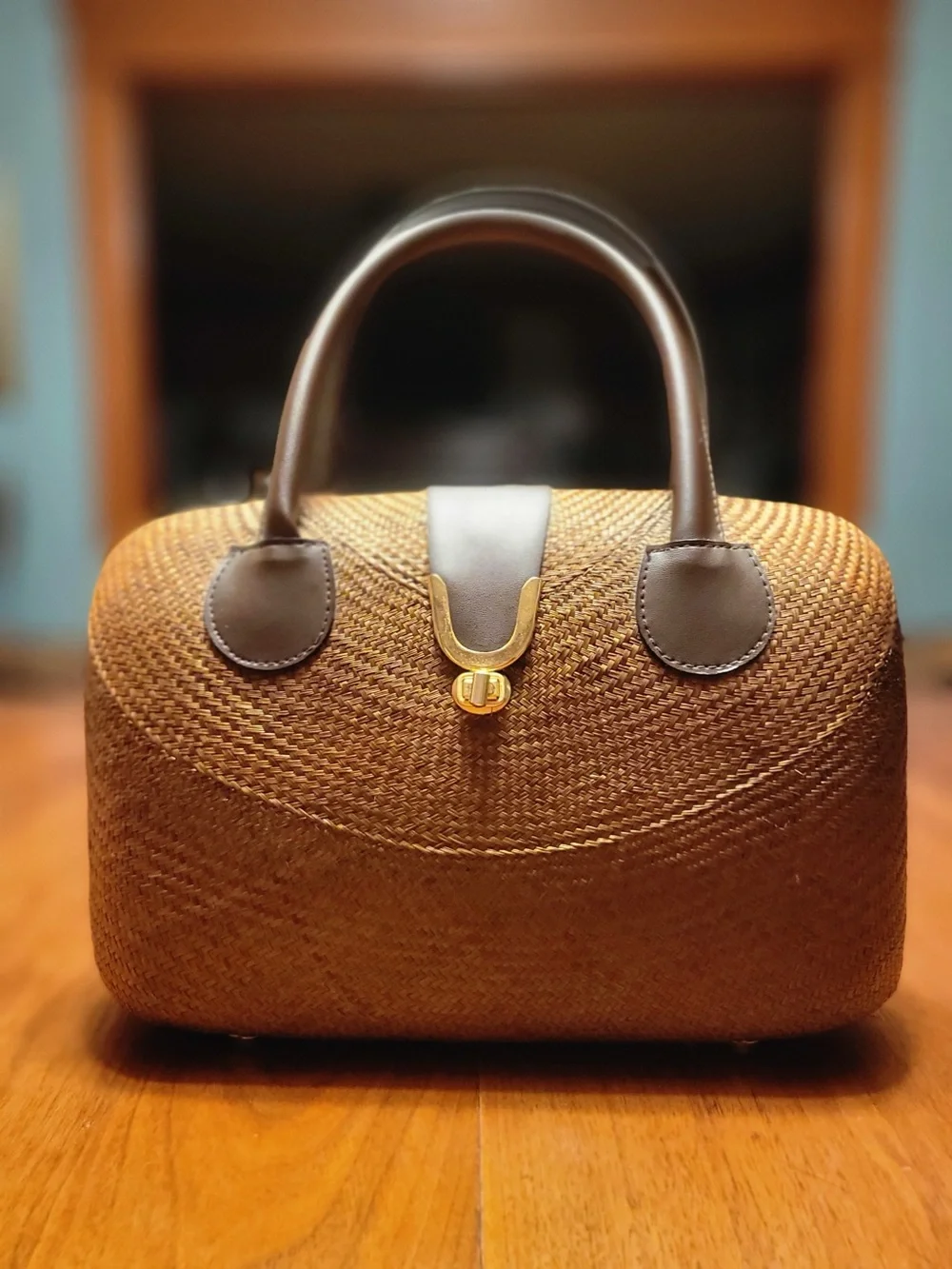 Handwoven Buri Palm NWOT Top Handle Bag • Made in Philippines • Brown Structured
